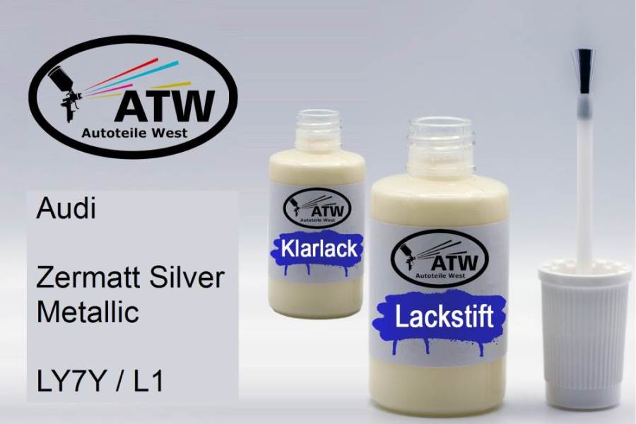 Audi, Zermatt Silver Metallic, LY7Y / L1: 20ml Lackstift + 20ml Klarlack - Set, von ATW Autoteile West.